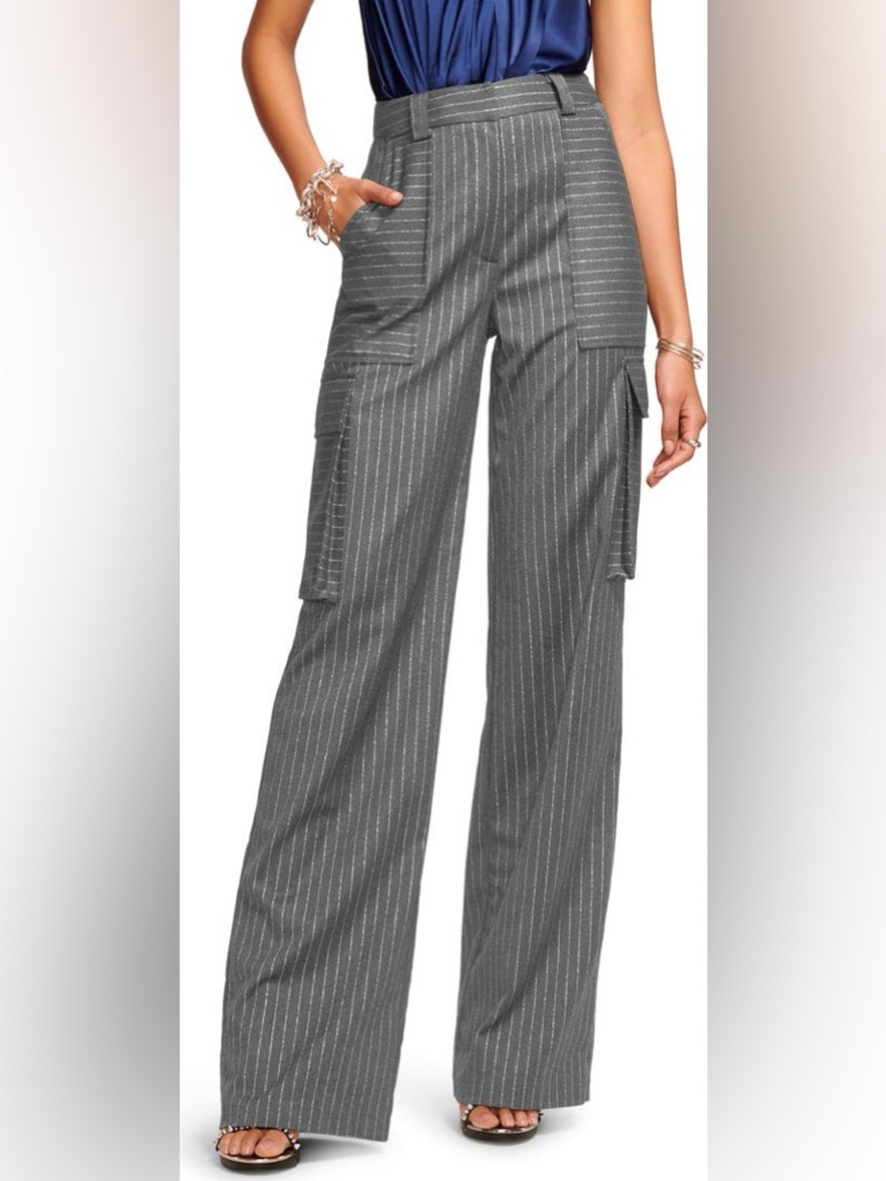 Ramy Brook Cargo Pants Noa Metallic Pinstripe Gray Wide Leg Size 2